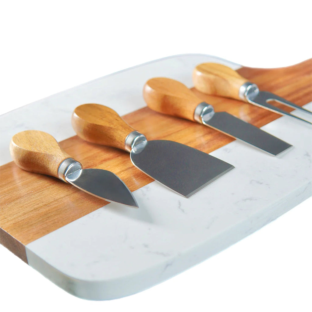 Marble & Acacia Serving Board – 5 Piece Custom Engraved Set image 1