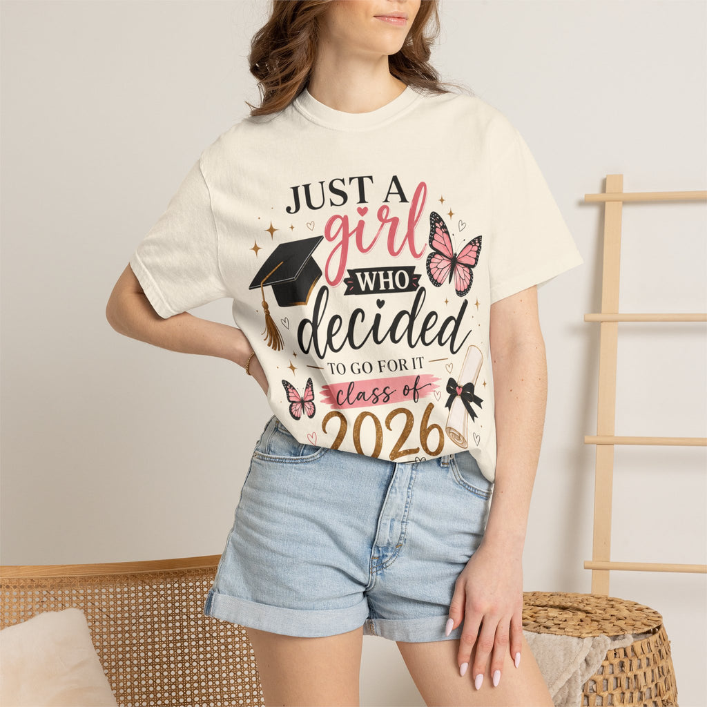 2026 Graduation T-Shirt — "Just a Girl Who Decided" Cap & Diploma Design