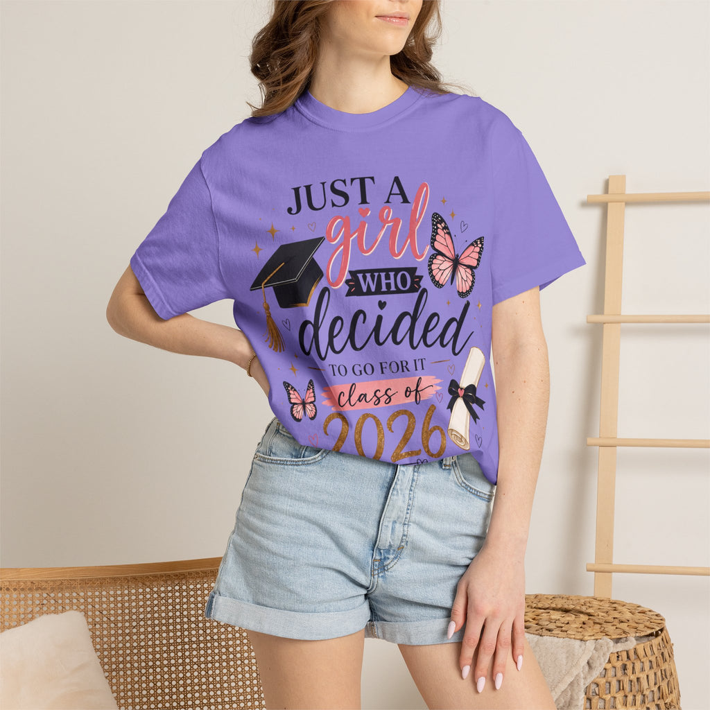 2026 Graduation T-Shirt — "Just a Girl Who Decided" Cap & Diploma Design