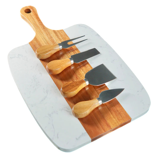 Marble & Acacia Serving Board – 5 Piece Custom Engraved Set image 0