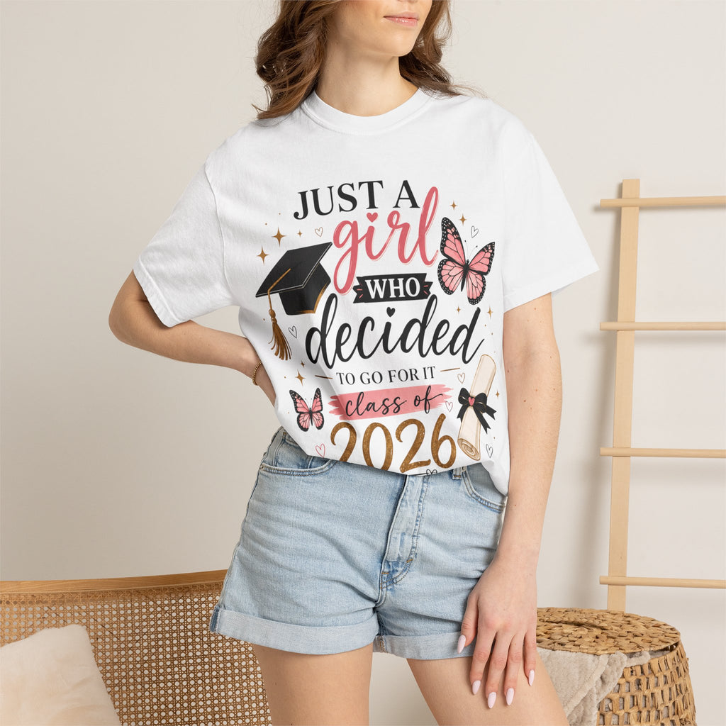 2026 Graduation T-Shirt — "Just a Girl Who Decided" Cap & Diploma Design