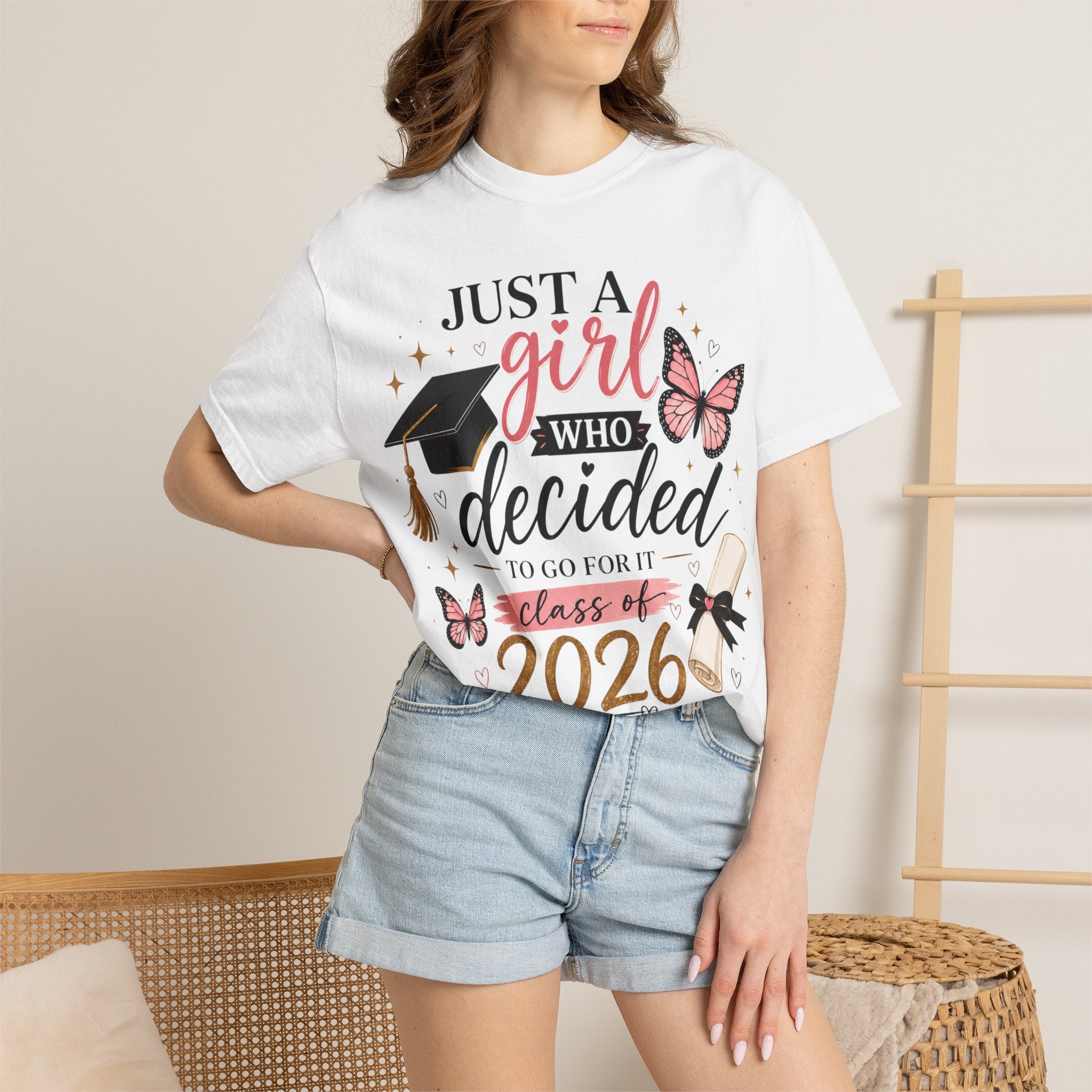 2026 Graduation T-Shirt — "Just a Girl Who Decided" Cap & Diploma Design