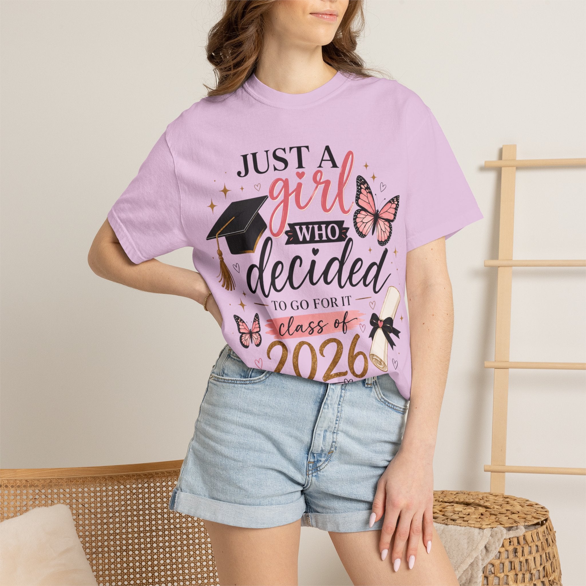 2026 Graduation T-Shirt — "Just a Girl Who Decided" Cap & Diploma Design