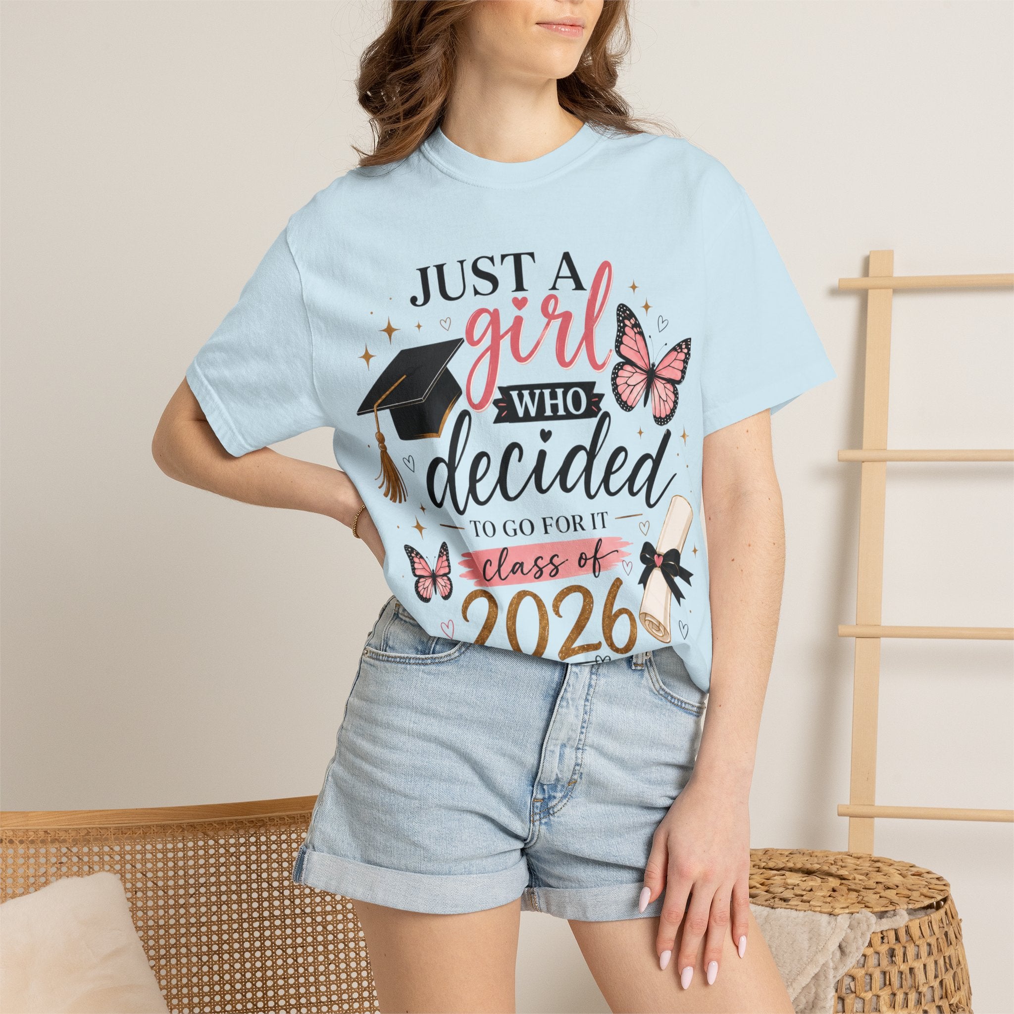 2026 Graduation T-Shirt — "Just a Girl Who Decided" Cap & Diploma Design