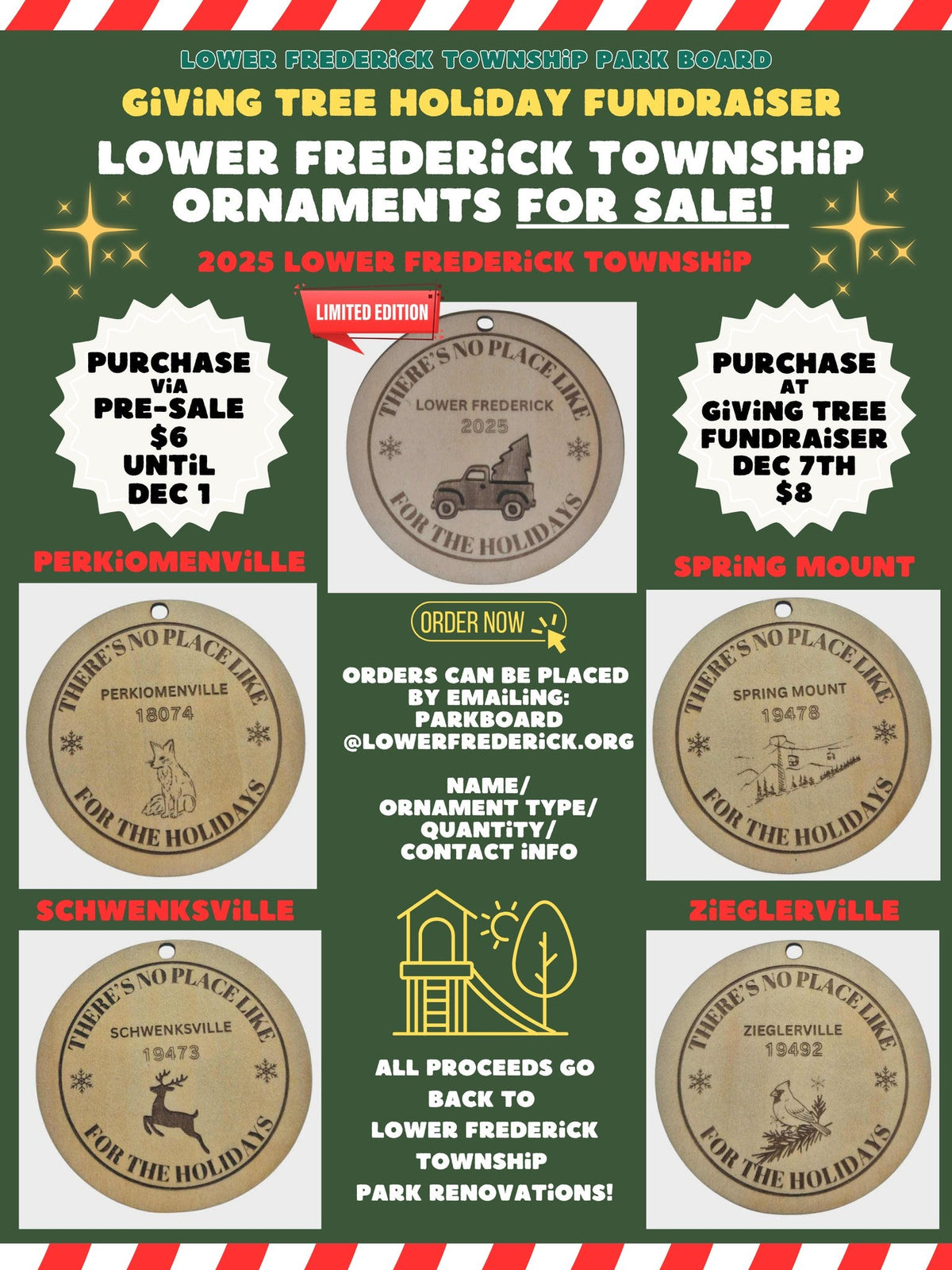 Promotional poster for Lower Frederick Township Giving Tree Holiday Fundraiser with ornaments and purchase information.