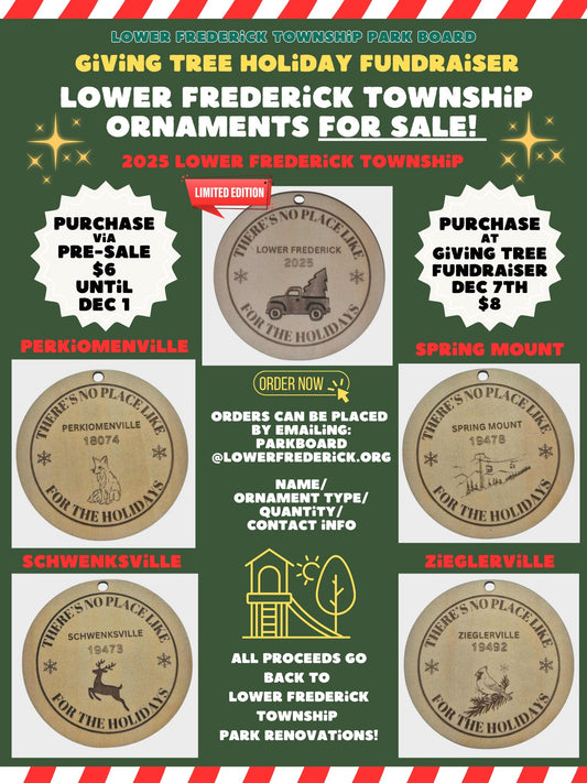 Promotional poster for Lower Frederick Township Giving Tree Holiday Fundraiser with ornaments and purchase information.